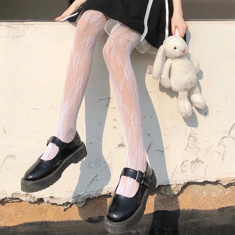 Flowers - WhiteInternet celebrity bow Black pantyhose female black Fishing net Socks Autumn and winter Pantyhose Thin ins winter solar system JK