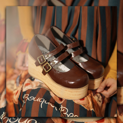 taobao agent [Spot] Double -buckled puffwood wooden pattern version of Modo Modo original wooden bottom retro lolita thick sole shoes