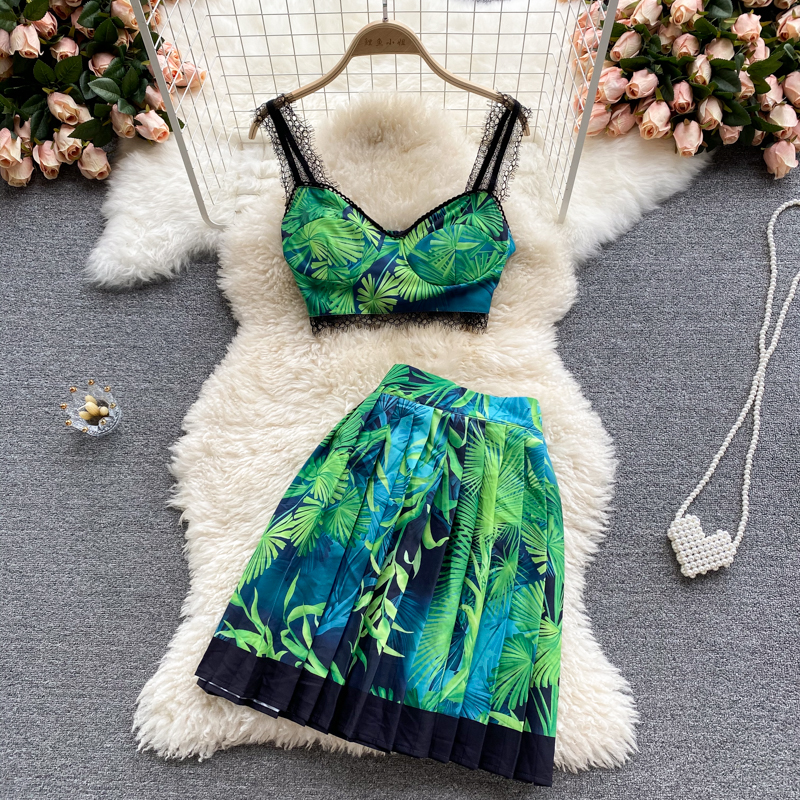 Dark GreenEurope and America ins Holiday style suit female summer wear have cash less than that is registered in the accounts camisole vest Sense of design printing skirt Two piece set tide
