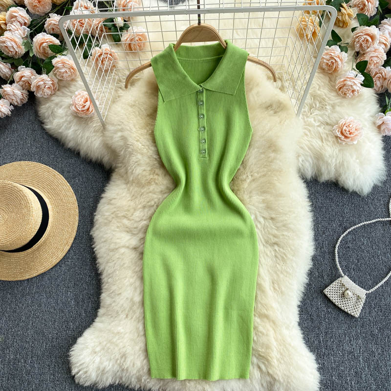 GreenEurope and America ins Women's wear 2021 new pattern tide sexy Tight fitting skirt temperament Polo collar Sleeveless knitting Dress
