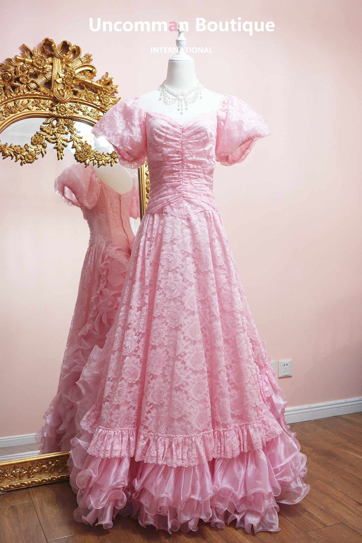 Retro fuchsia lace wedding dress for princess, evening dress, puff sleeves, graduation party