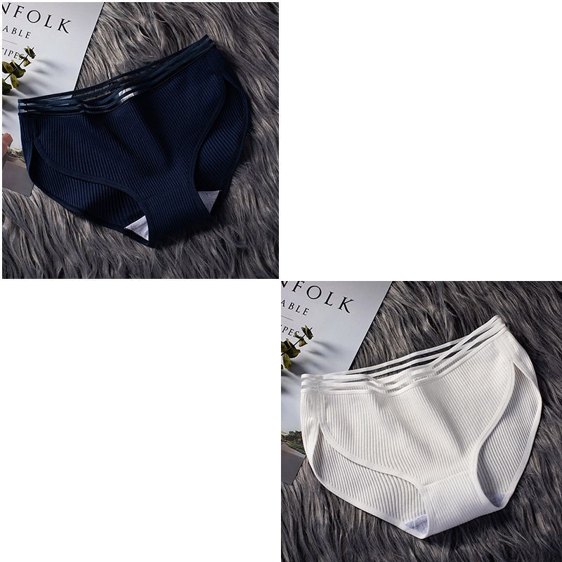 040 Black Blue + Milk White2 strip / 3 strip ma'am underpants female pure cotton solar system Korean version Cotton girl student middle-waisted girl student Lace Briefs