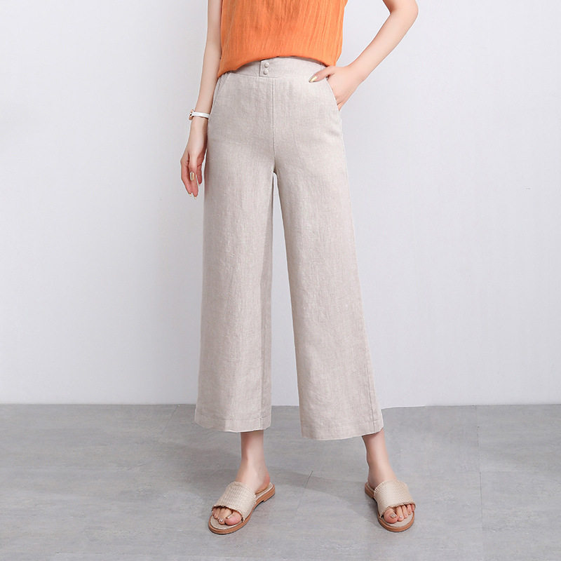 New high-waisted cotton and linen 9-inch women's loose pants, linen wide-leg pants, 9-inch large-sized women's pants. Chubby girls look slim and versatile