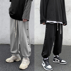 2020秋季帥氣潮男港風chic束腳褲秋天衛褲排扣直筒潮牌運動籃球九分褲