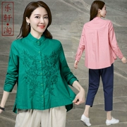 Áo sơ mi cotton và vải lanh nữ 2019 xuân hè thuôn dài tay áo dài thêu rộng kích thước áo sơ mi mới mùa xuân đứng cổ áo sơ mi - Áo sơ mi dài tay