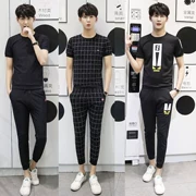 Sinh viên tay ngắn xu hướng giản dị 9 quần hai dây hè Hàn Quốc nam dáng ôm dáng mùa hè đẹp trai set đồ - Bộ đồ