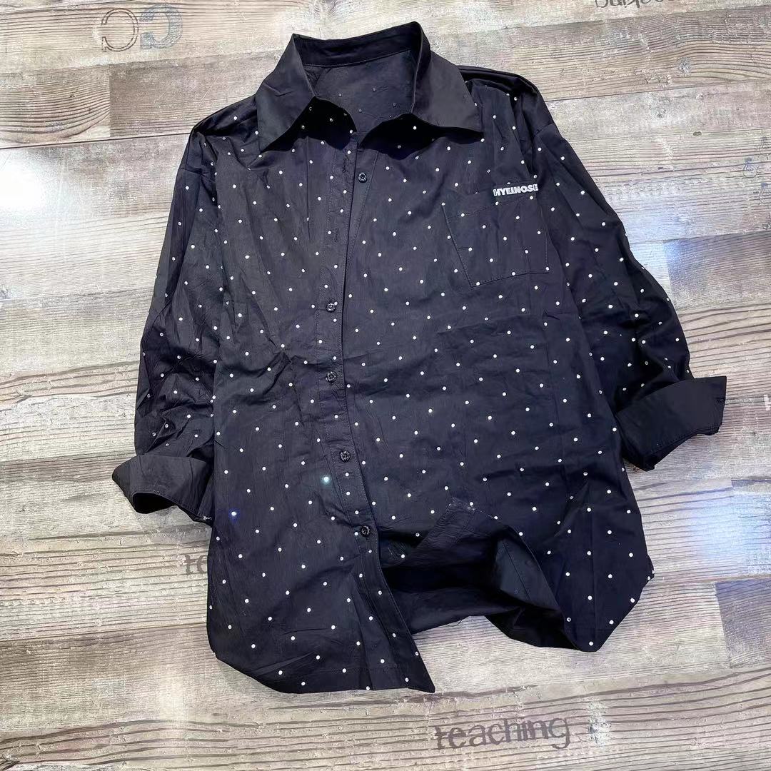 Blackthe republic of korea 2021 Spring and summer new pattern Lapel Bright diamond easy Big edition fashion Versatile Short sleeve T-shirt female tide