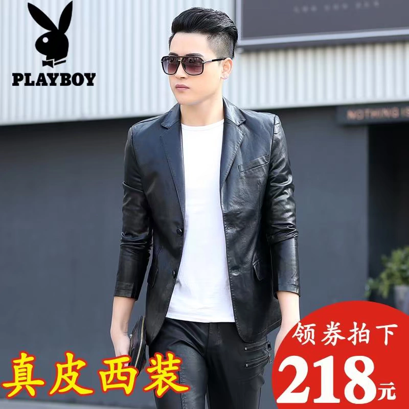Playboy áo khoác da nam trẻ trung Slim xe máy đẹp trai phù hợp với áo khoác lông cừu - Quần áo lông thú