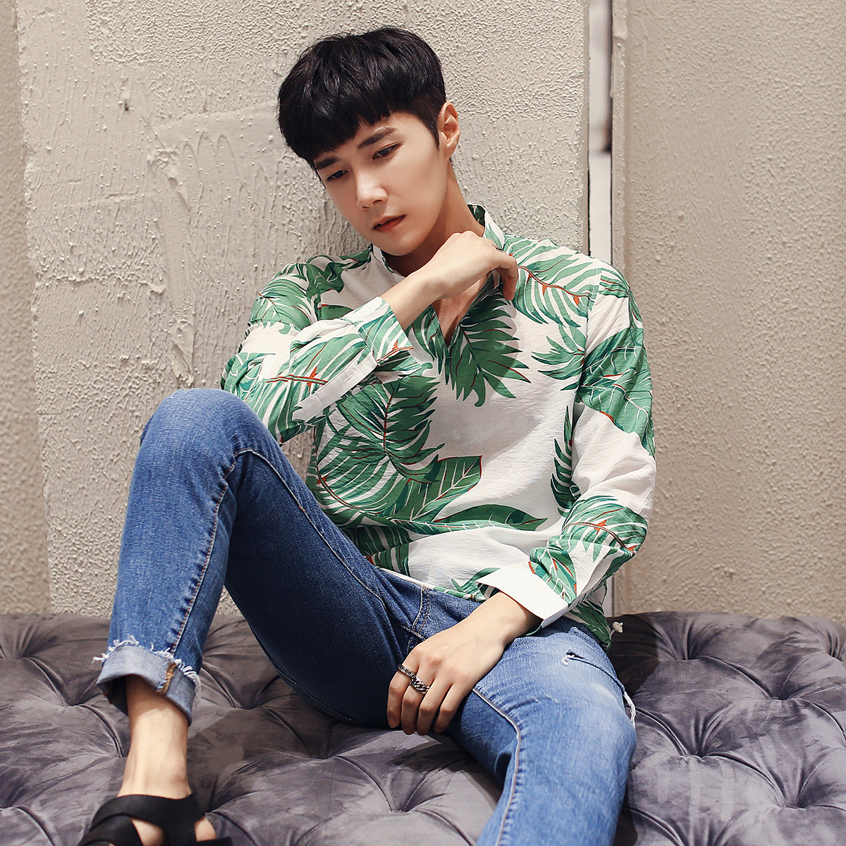 cs13 p55 韩国街头 韩版男装休闲套头长袖衬衫 立领花衬衣走一波