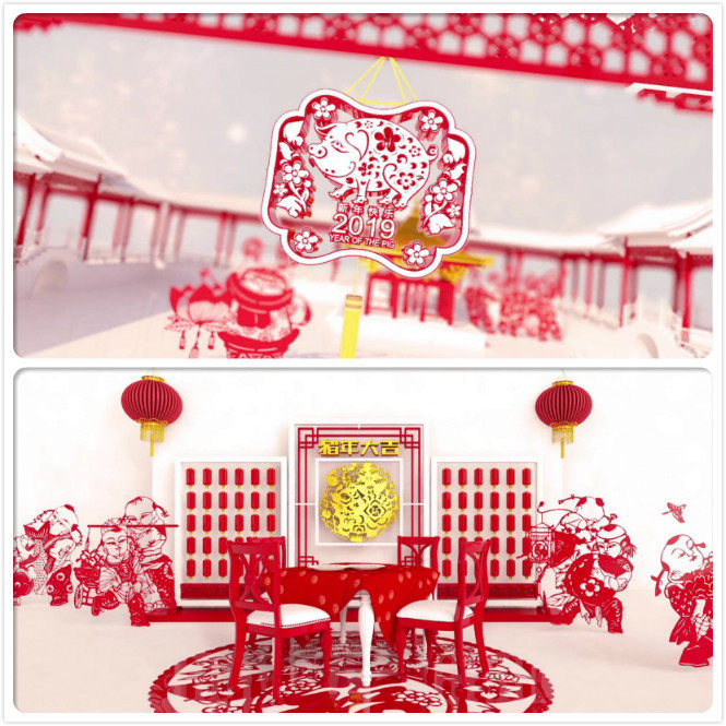2019年喜庆中国风剪纸三维模型春节晚会开场视频AE+C4D模板-天天素材网