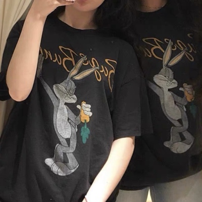 taobao agent California girl cool cute little rabbit loose printed English big Tee Korean round neck cartoon short -sleeved T -shirt