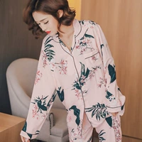 Mùa hè phần mỏng ladies cardigan đồ ngủ ve áo dài tay áo bông lụa phim hoạt hình phù hợp với ladies home dịch vụ quần mặc giản dị váy ngủ lụa tơ tằm