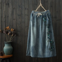 Весенняя ретро длинная джинсовая юбка, с вышивкой, эластичная талия, средней длины, А-силуэт