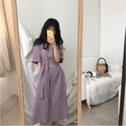 [BP] Hàn Quốc chic cô gái tươi loạt gõ vào Hoa oải hương tím đơn ngực tie eo đầm