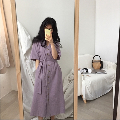 [BP] Hàn Quốc chic cô gái tươi loạt gõ vào Hoa oải hương tím đơn ngực tie eo đầm váy đầm