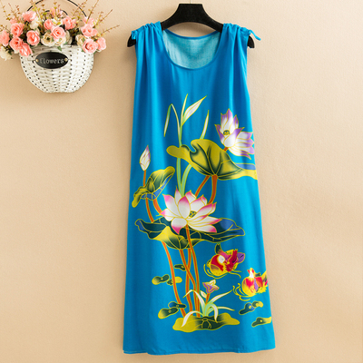 27Fat mm Big size pajamas female summer Nightdress poplin  Medium and long term easy Thin middle age female robe camisole Over the knee vest