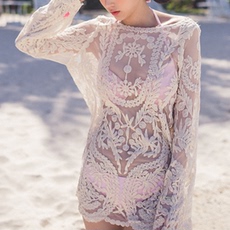 Кофты для пляжа 沙滩度假裙 海边旅游短裙蕾丝长袖比基尼外搭罩衫 韩国防晒沙滩裙