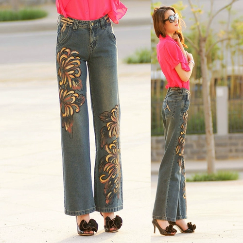 Штаны для отдыха, джинсы, ручная роспись, свободный прямой крой