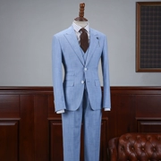 IsirHonour Châu Âu và Châu Mỹ retro kẻ sọc xanh nhạt phù hợp với bộ đồ ba mảnh Anh Hàn Quốc của bộ đồ vest nam - Suit phù hợp