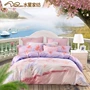 Thủy dệt lanh chính hãng Tencel nhám denim chăn Danxia hoa tươi sáng 1.8m - Bộ đồ giường bốn mảnh chăn ga gối đệm màu hồng