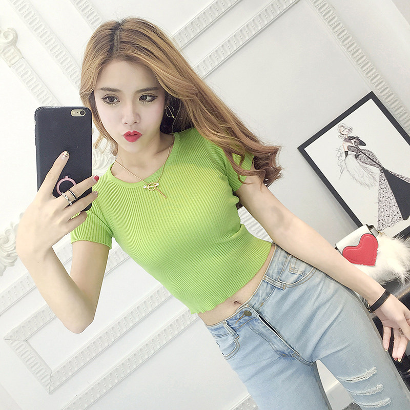 实拍有视频2743春夏大码露脐上衣女短款加肥加大短袖针织t恤女