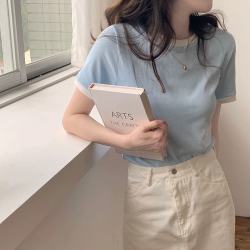 Синяя сексуальная футболка, короткий рукав, коллекция 2023, в корейском стиле