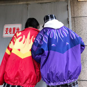 Couple dày coat cotton coat bông nam giới và phụ nữ ulzzang phong cách Harajuku inst net màu đỏ với ngọn lửa in ấn triều
