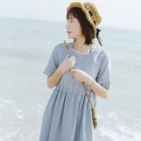 Thỏ buồn ngủ nhỏ tươi màu xám xanh ngọt Nhật Bản tuổi ngắn tay áo một từ cao eo ngắn váy nữ mùa hè mẫu đầm chữ a
