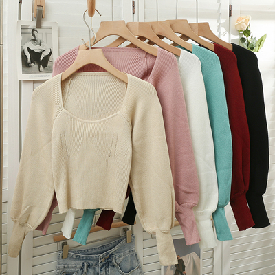 taobao agent Autumn knitted colored short sweater, square neckline, long sleeve, Korean style