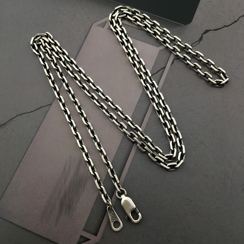 Make Old Version, 80CmInformal Japan and Korea 925 Sterling Silver fine Taijiao chain Necklace sweater chain men and women Taiyin Retro Platinum plating necklace