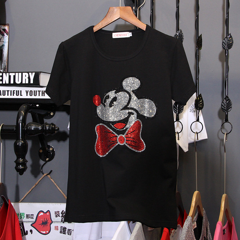 Mickey's Red Hot Diamond Bow TieInlaid diamond 2021 new pattern pure cotton Hot drilling T-shirt female Short sleeve summer wear Han Fan jacket Self cultivation Versatile Half sleeve Compassionate tide
