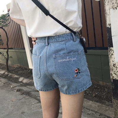 2017夏季新款韩版女装裤子高腰显瘦直筒裤短裤刺绣花朵牛仔裤学生