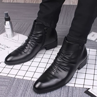 giầy nam hàng hiệu Giày công sở mũi nhọn kiểu Anh công sở giày da nam bên trong tăng chiều cao giản dị phong cách Hàn Quốc giày nam dây kéo màu đen hợp thời trang giầy chelsea boot nam