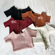 Mùa xuân và mùa hè phụ nữ mới của Hàn Quốc thời trang nửa mở cổ áo dây đeo chéo ngắn tay áo len áo thun chặt chẽ skinny áo sơ mi