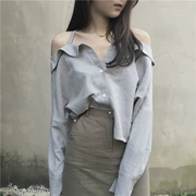 2018 mùa xuân mới Hàn Quốc phiên bản của phong cách sang trọng tính khí màu xám thời trang sling quây mỏng dài tay áo sơ mi thủy triều