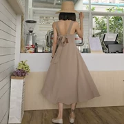 Mùa hè ăn mặc của phụ nữ Hàn Quốc phiên bản của chic mở lại bow tie đơn ngực eo sash kẻ sọc váy dài váy nữ
