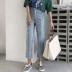 Retro Hồng Kông hương vị sang trọng Hàn Quốc phiên bản của rửa cũ đa túi lưỡi chín điểm jeans cao eo hoang dã thẳng quần phụ nữ Quần jean