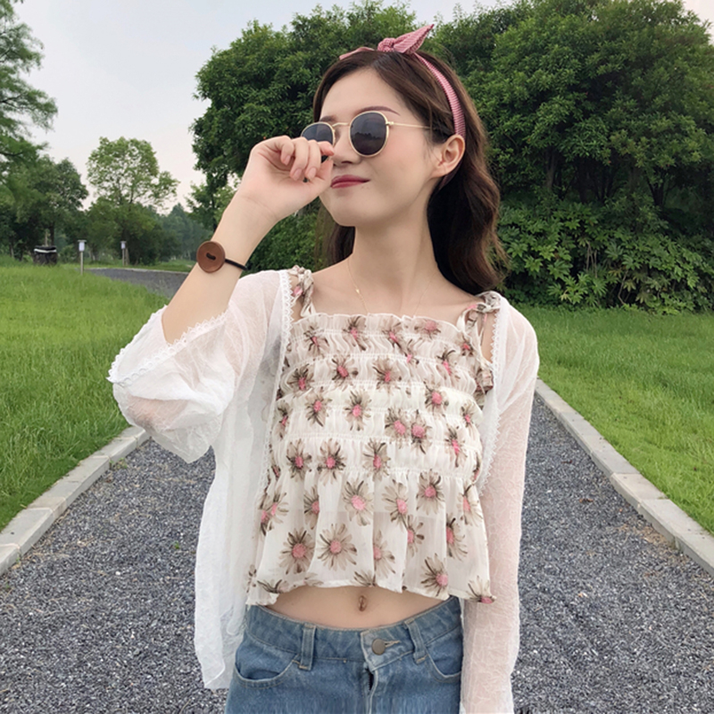 Mùa hè ăn mặc của phụ nữ Hàn Quốc phiên bản của nhỏ tươi Mỏng hoang dã mỏng ngắn voan hoa sling bên ngoài mặc vest + khăn choàng