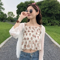 Mùa hè ăn mặc của phụ nữ Hàn Quốc phiên bản của nhỏ tươi Mỏng hoang dã mỏng ngắn voan hoa sling bên ngoài mặc vest + khăn choàng áo khoác jean nữ