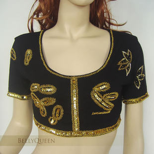 Dancer belly dance top Indian dance clothing performance clothes exercise clothes silk light cotton short -sleeved thirteen leaf bead embroidery
