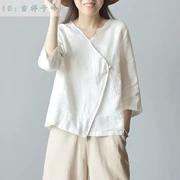 Áo sơ mi thêu bằng vải cotton và vải lanh nữ Trung Quốc phong cách retro Tang nữ cải tiến áo trà Hanfu Zen - Áo sơ mi
