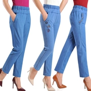 Mùa hè phần mỏng chín điểm jeans nữ trung niên cao eo căng kích thước lớn mẹ đàn hồi eo thêu denim quần âu