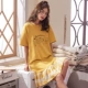 Đồ ngủ bé gái cotton mùa hè tay ngắn Sinh viên Hàn Quốc dễ thương kẻ sọc dài bà bầu có thể mặc đồ ngủ ở nhà - Đêm đầm