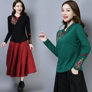 Xuân 2018 Phong cách Trung Quốc mới của phụ nữ áo thun dài tay cỡ lớn retro chạm đáy áo sơ mi thêu quốc gia nữ - Áo phông