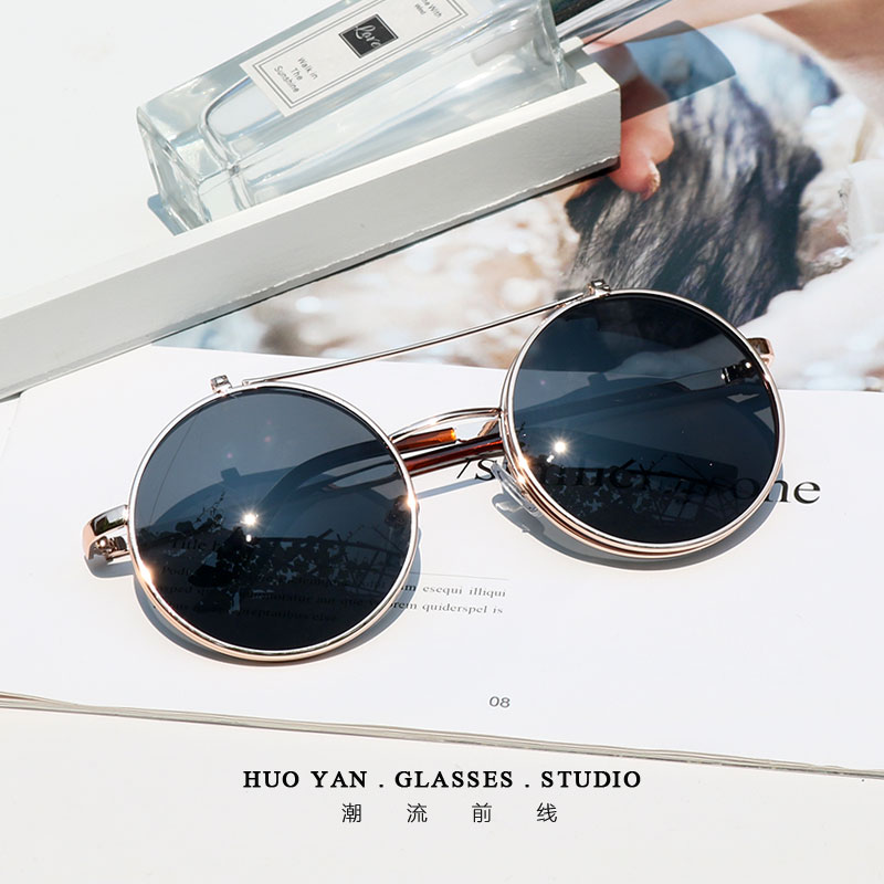 Gold Frame And Black SliceG-Dragon Same double-deck Flap Sunglasses Dual purpose Upturning Sunglasses Retro Large frame circular glasses Can match myopia
