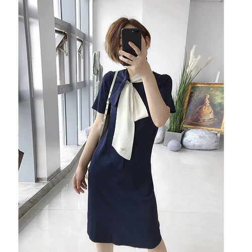 Yijia Workplace Контрастное цветовое платье ленты вязаная прямая юбка Q27728 [7,5 % скидка скидка Limited Snap -Up]