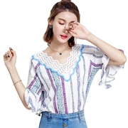 Thời trang tay áo rộng tay áo ngắn tay ren Hàn Quốc nhỏ 2018 áo thun cổ chữ V mới nữ mùa hè thủy triều