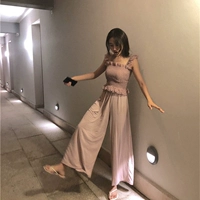 Dora Chaoren Hall Hồng Kông hương vị retro chic nấm pleated yếm trong + cao eo quần chân rộng phù hợp với phụ nữ thoi trang nu