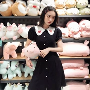 Hàn quốc chic thêu búp bê cổ áo phồng tay áo đơn ngực A-line váy Hồng Kông retro tính khí slim dress nữ