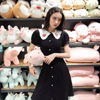 Hàn quốc chic thêu búp bê cổ áo phồng tay áo đơn ngực A-line váy Hồng Kông retro tính khí slim dress nữ váy suông chữ a cho người béo